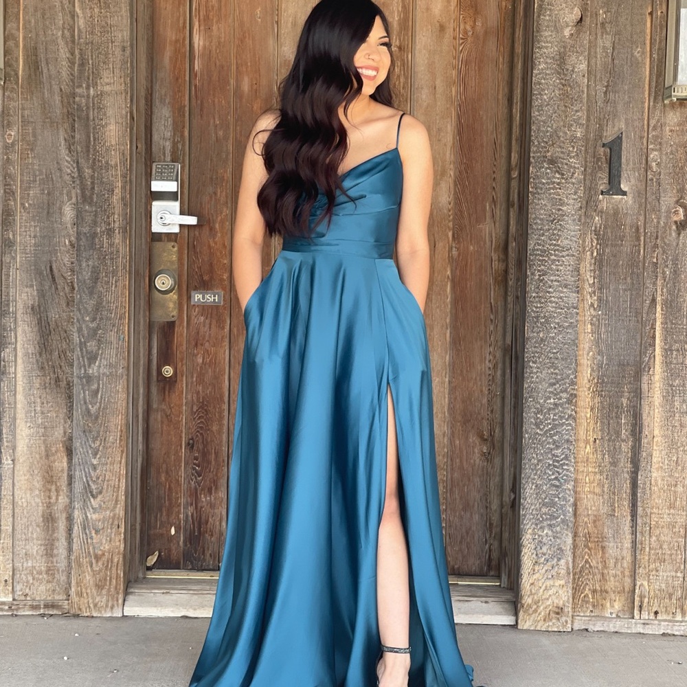 B Darlin Blue Asymmetrical Slit Maxi Gown
